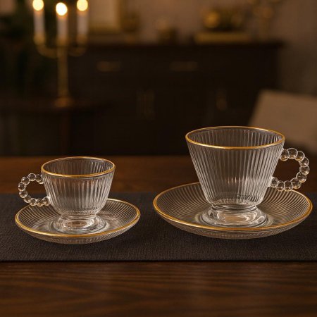 طقم 6 كاسات أو فناجين قزاز مع حز ذهبي